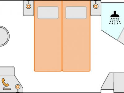 A - DBL, каюта с окном (не открывается), нижняя палуба. В каюте: двуспальная кровать, сейф, кондиционер, ТВ, фен, ванная комната с душем и туалетом, гардеробная, комплект банных полотенец, шерстяной плед, телефон, халат. ~ 15,5 кв.м.