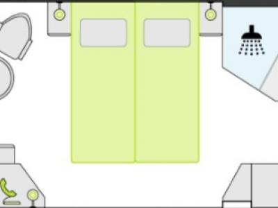 В, каюта с панорамным окном в пол (не открывается), верхняя палуба. В каюте: двуспальная кровать, сейф, кондиционер, ТВ, фен, ванная комната с душем и туалетом, гардеробная, комплект банных полотенец, шерстяной плед, телефон, халат. ~ 16,5 кв.м.