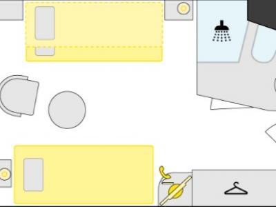 S каюта: TWIN + откидная (верхняя) кровать, сейф, кондиционер, ТВ, фен, ванная комната с душем и туалетом, гардеробная, комплект банных полотенец, шерстяной плед, телефон, халат ~ 14,5 кв.м.